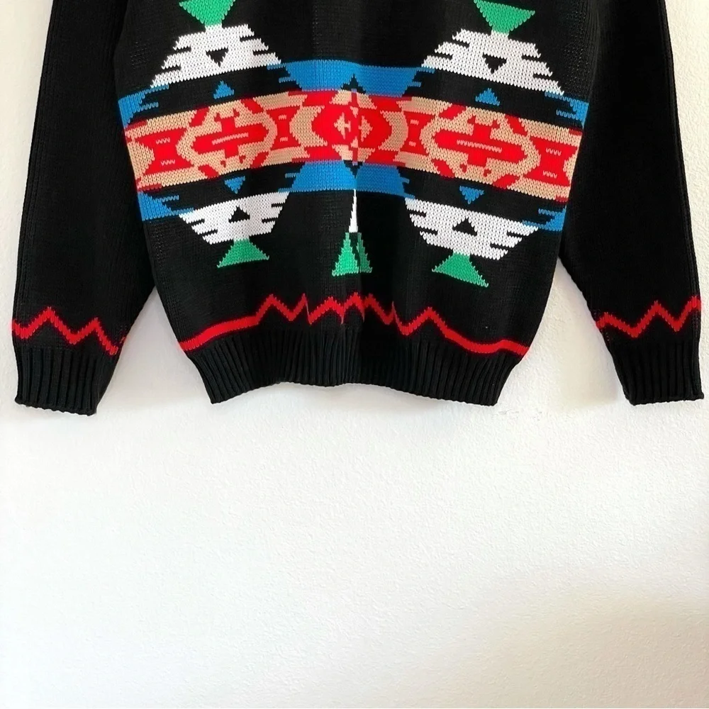 Vintage 90s Mock Neck Patterned Knit Pullover Sweater Black Multicolor Medium